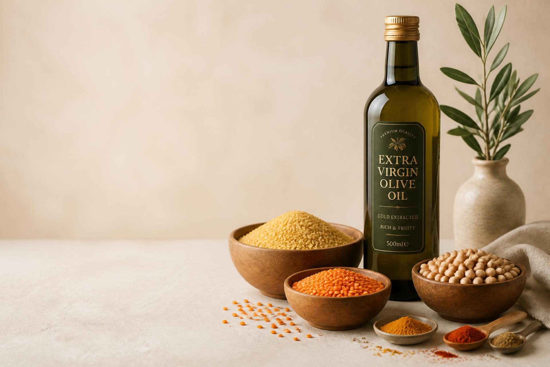 Premium foodstuff ingredients including olive oil, grains, lentils and spices